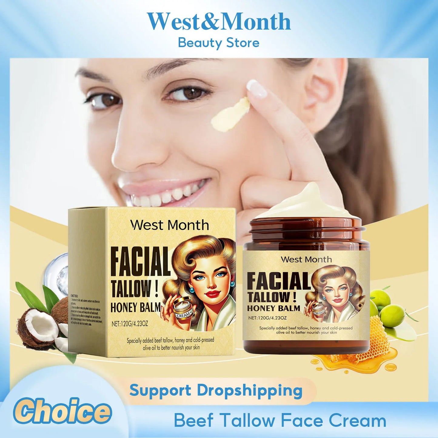 Crema viso Naturale al sego di manzo, antirughe, idratante, secca, migliora il rossore, lenitiva, riparatrice, rassodante, nutriente, liscia, cura della pelle del viso