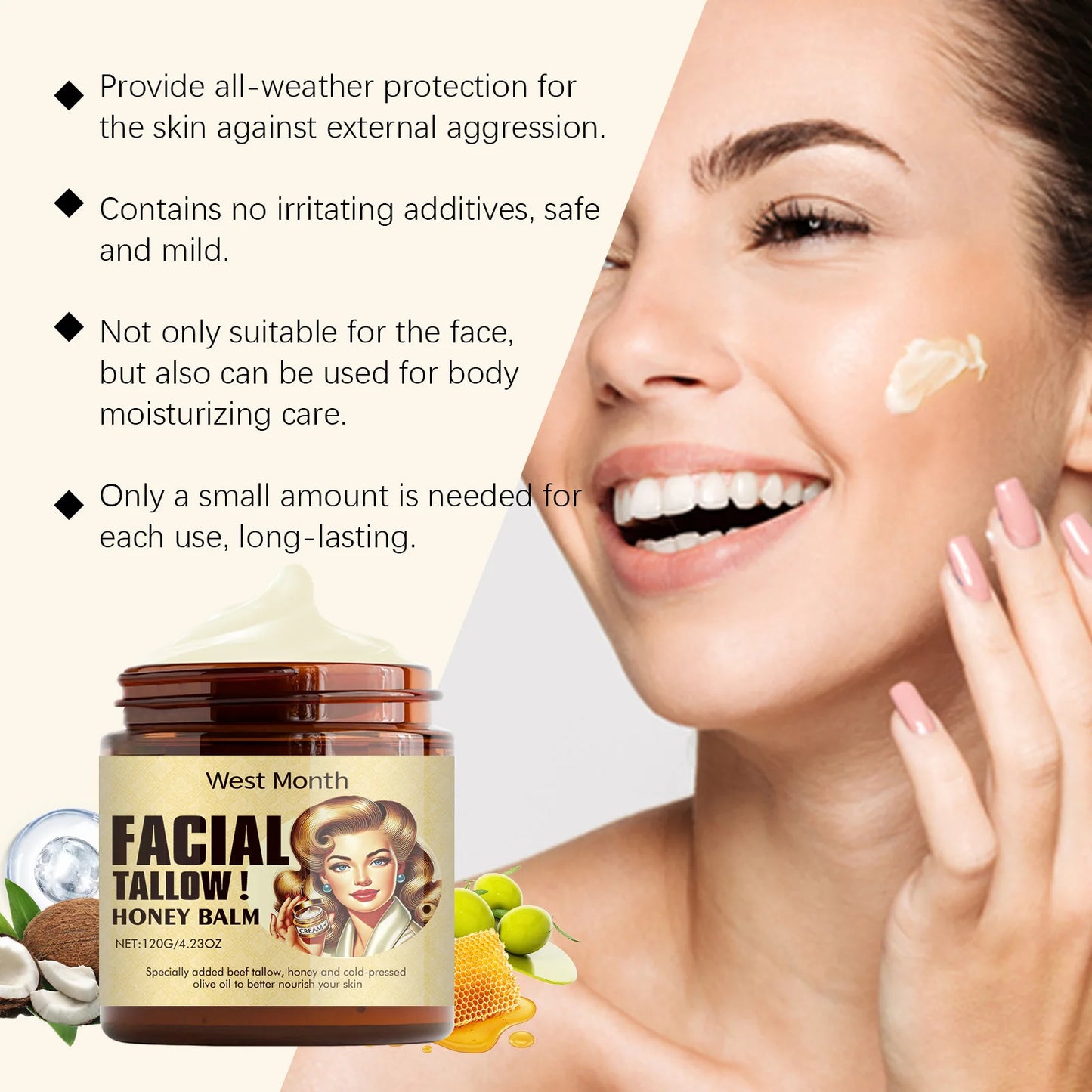 Crema viso Naturale al sego di manzo, antirughe, idratante, secca, migliora il rossore, lenitiva, riparatrice, rassodante, nutriente, liscia, cura della pelle del viso